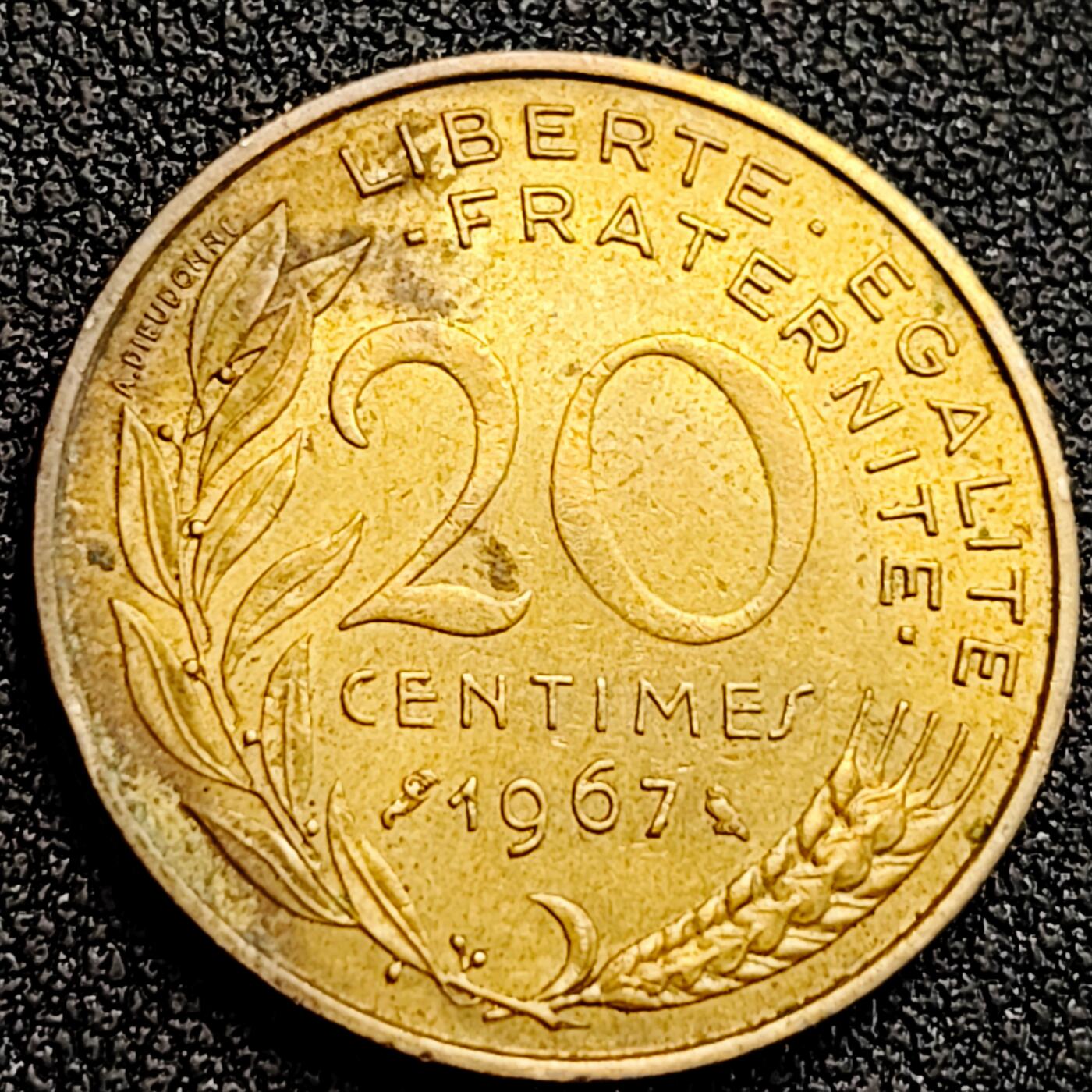 泉币菌-第164场-新年第七场 精品福利场 1967年 法国硬币20生丁铜币 麦穗女神 直径23.5mm 