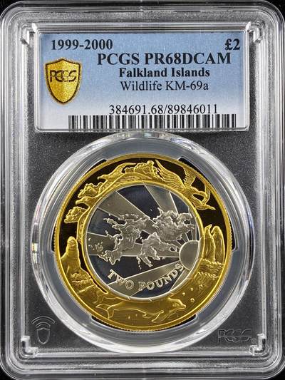 【雨安】【直播拍卖】【第0123期-评级币章】2026-01-10 周六 19:30 - [评级现代] Falkland 福克兰群岛 2镑 1999年 野生动物 PCGS-PR68DCAM 精制币