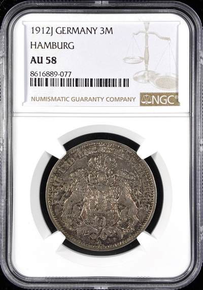【雨安】【直播拍卖】【第0123期-评级币章】2026-01-10 周六 19:30 - [评级德国] Germany 德国 帝国 J.064 汉堡 3马克 (1908-1914) 双狮 1912年  NGC-AU58