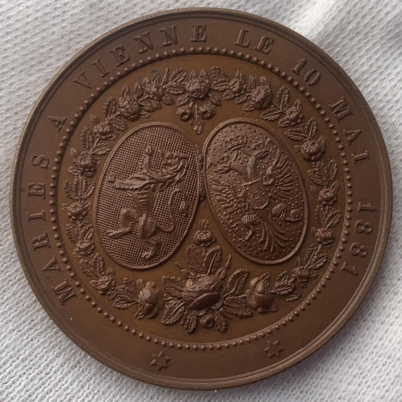 掌中浮雕-藏着的欧洲第048场 1881年奥匈帝国王子鲁道夫与比利时公主斯特凡娜结婚铜章 , Geerts雕刻，32mm，比较少见！