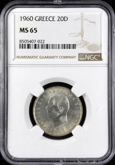 【雨安】【直播拍卖】【第0123期-评级币章】2026-01-10 周六 19:30 - [评级欧洲] Greece 希腊 20德拉克马 1960年  NGC-MS65