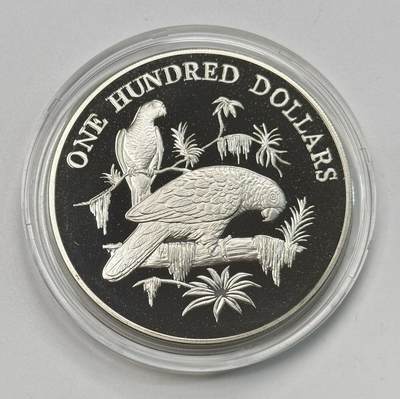 S&S Numismatic世界钱币-拍卖 第118期  - 圣卢西亚1988年 热带鸟类系列-亚马逊鹦鹉 100元精制纪念银币  129.59克925银，品相如图