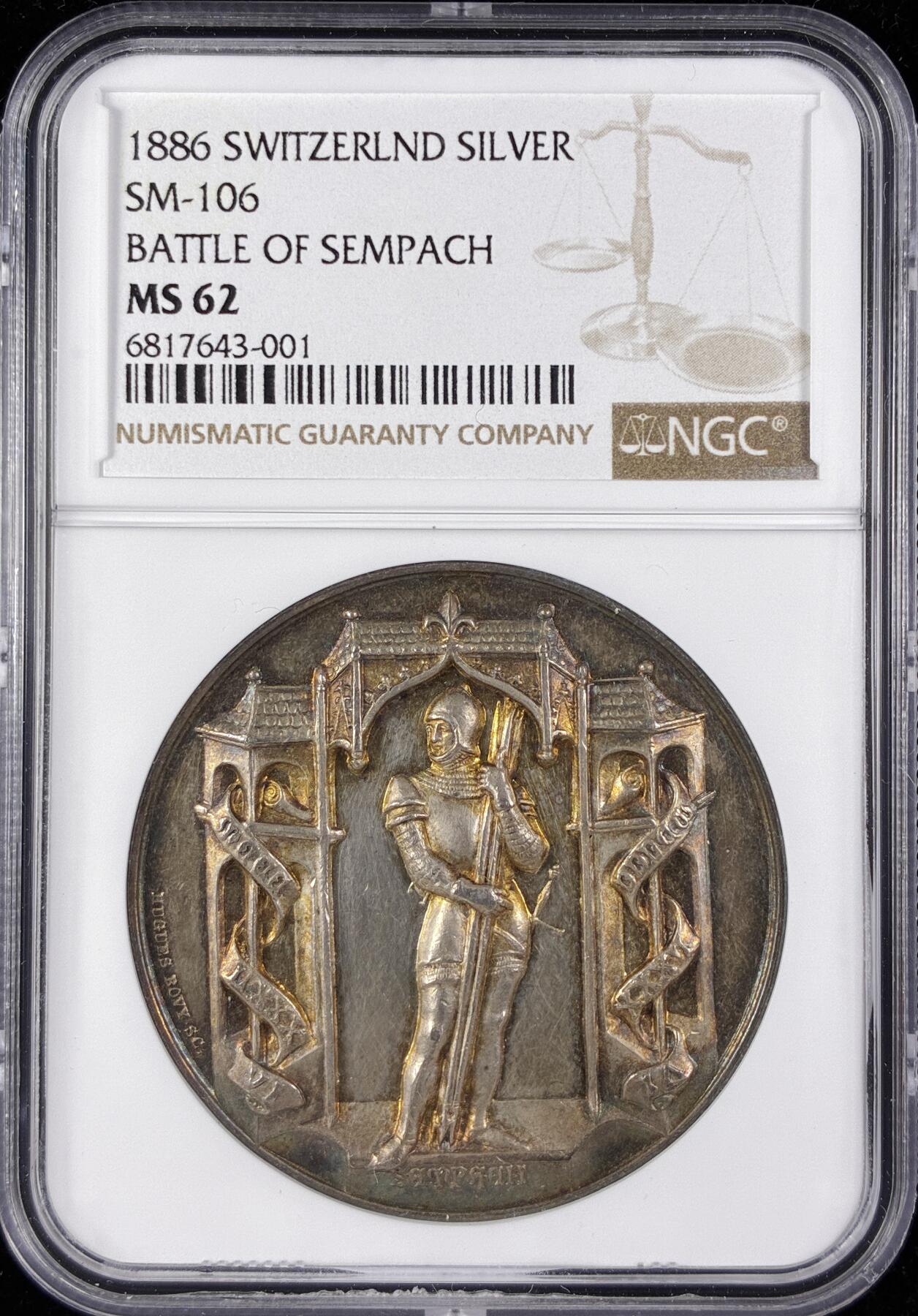 【雨安】【直播拍卖】【第0123期-评级币章】2026-01-10 周六 19:30 [评级章] Switzerland [章] 瑞士 1886年 森帕赫战役 1386年瑞士联邦与奥地利哈布斯堡王朝之间的关键战役 银章  NGC-MS62