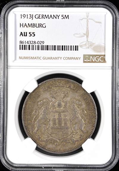 【雨安】【直播拍卖】【第0123期-评级币章】2026-01-10 周六 19:30 - [评级德国] Germany 德国 帝国 J.065 汉堡 5马克 (1891-1913) 双狮 1913年  NGC-AU55