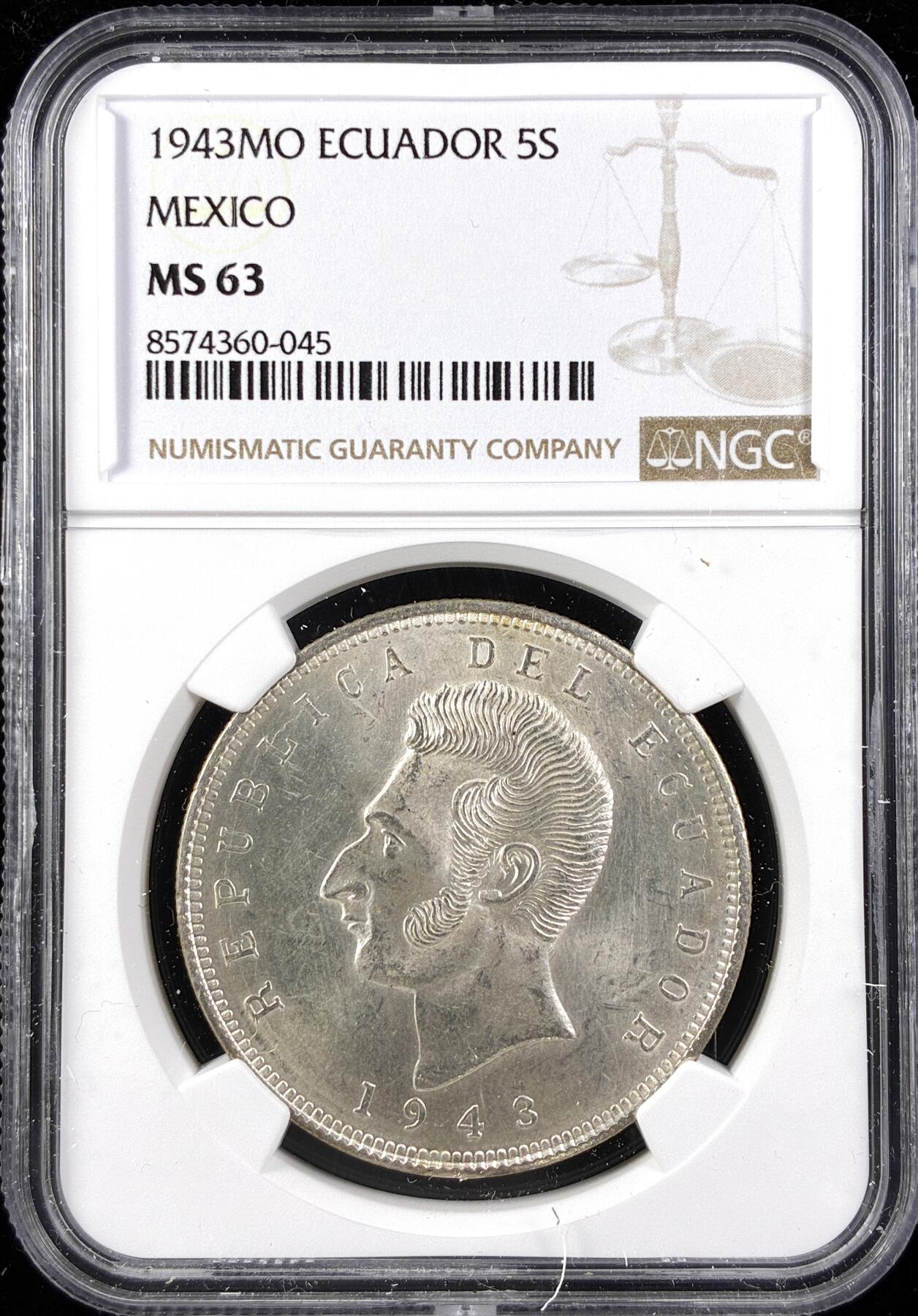 【雨安】【直播拍卖】【第0123期-评级币章】2026-01-10 周六 19:30 [评级美洲] Ecuador 厄瓜多尔 5苏克雷 1943年  NGC-MS63