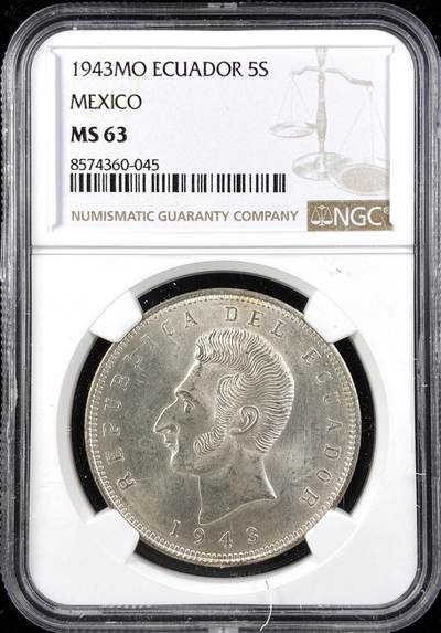 【雨安】【直播拍卖】【第0123期-评级币章】2026-01-10 周六 19:30 - [评级美洲] Ecuador 厄瓜多尔 5苏克雷 1943年  NGC-MS63