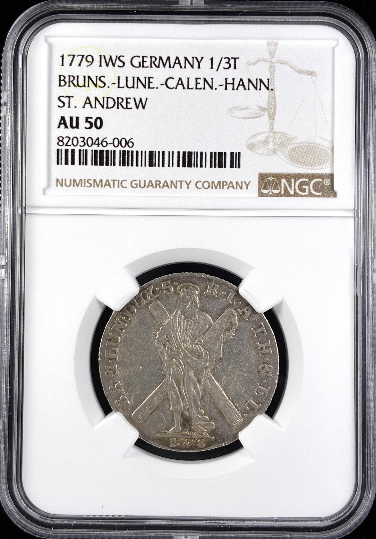 【雨安】【直播拍卖】【第0123期-评级币章】2026-01-10 周六 19:30 [评级德国] Germany 德国 德意志 不伦瑞克-吕纳堡 1/3泰勒 1779年  NGC-AU50
