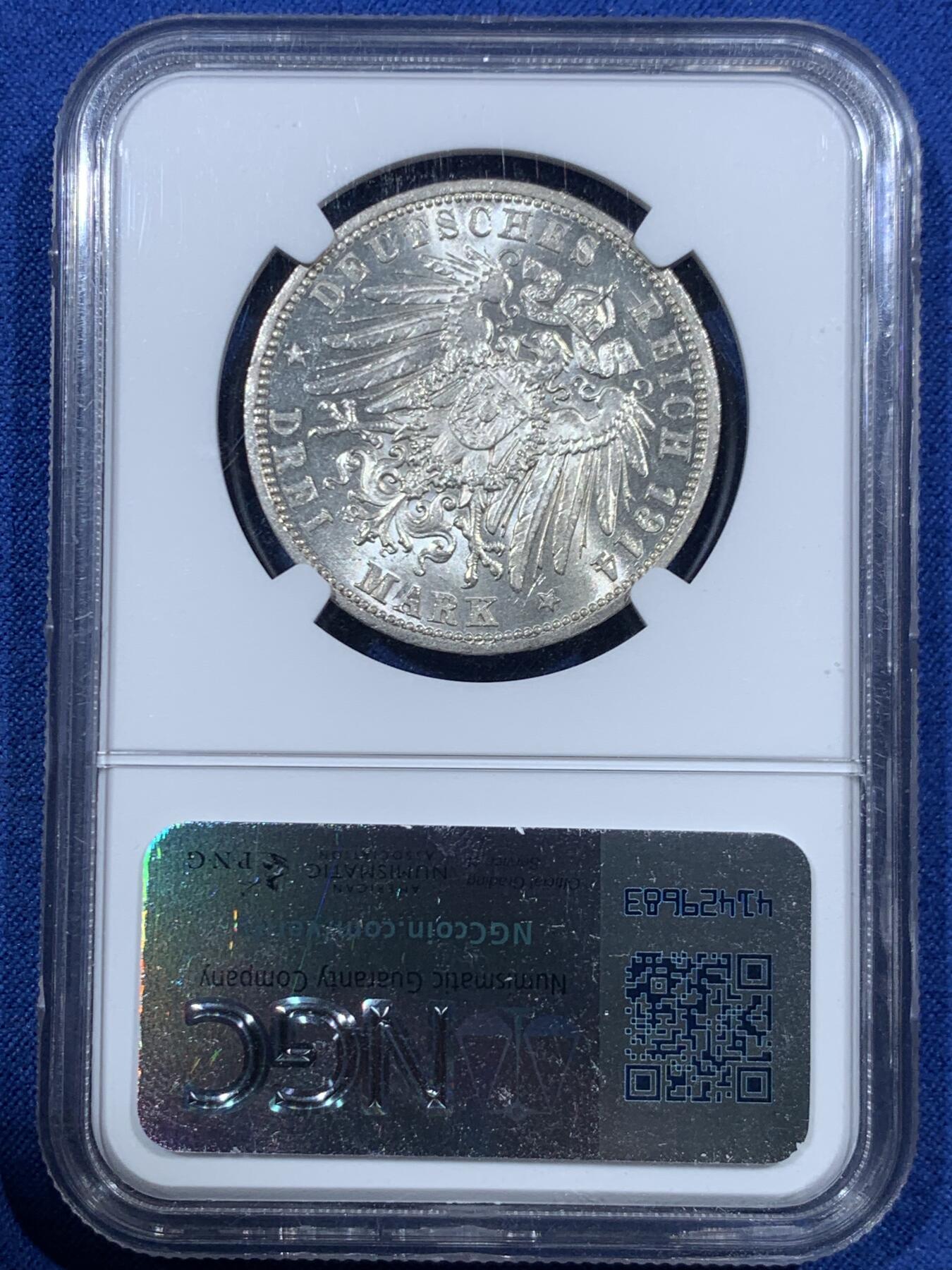 《竞宝斋》第455场 周日，周一 2场连拍 （全场包邮，欢迎送拍） NGC MS63 德国1914年普鲁士威廉二世3马克银币