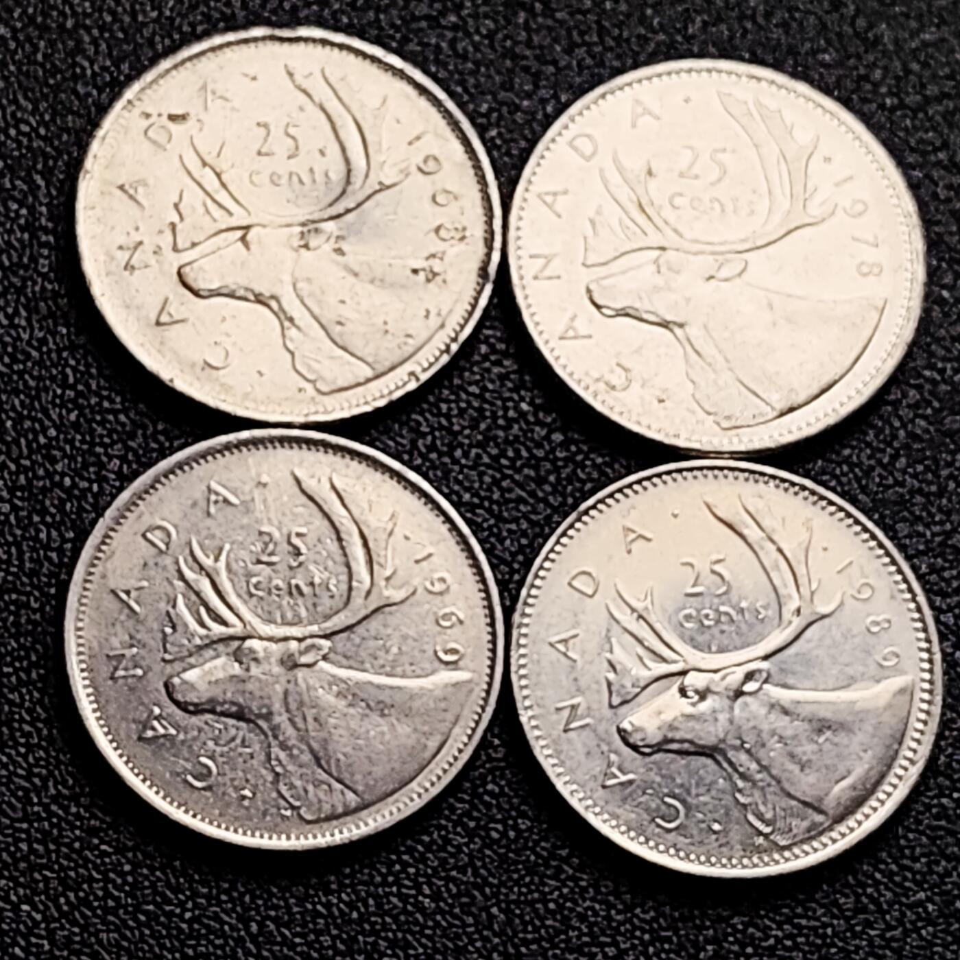 泉币菌-第164场-新年第七场 精品福利场 高币值 一加元 一组4枚 加拿大驯鹿1/4元 英国伊丽莎白二世女王像 23.9mm
