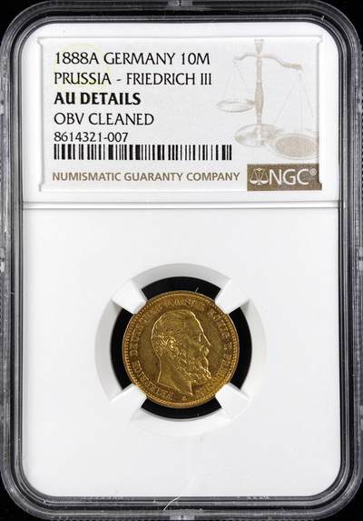 【雨安】【直播拍卖】【第0123期-评级币章】2026-01-10 周六 19:30 - [金铂金币] [金币] Germany 德国 帝国 J.247 Prussia普鲁士 10马克 三皇 1888年  NGC-AU