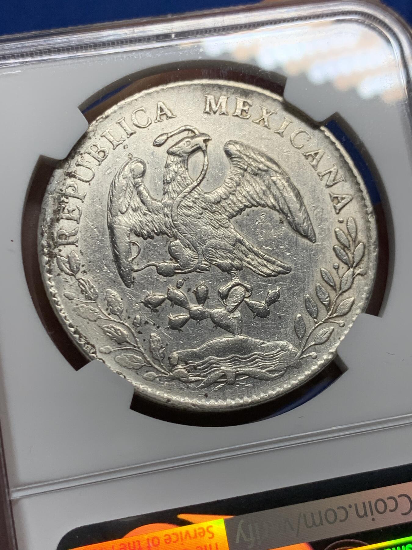 《竞宝斋》第455场 周日，周一 2场连拍 （全场包邮，欢迎送拍） NGC AUD 墨西哥1890年花边鹰洋8R银币 AU细节，羽毛不错