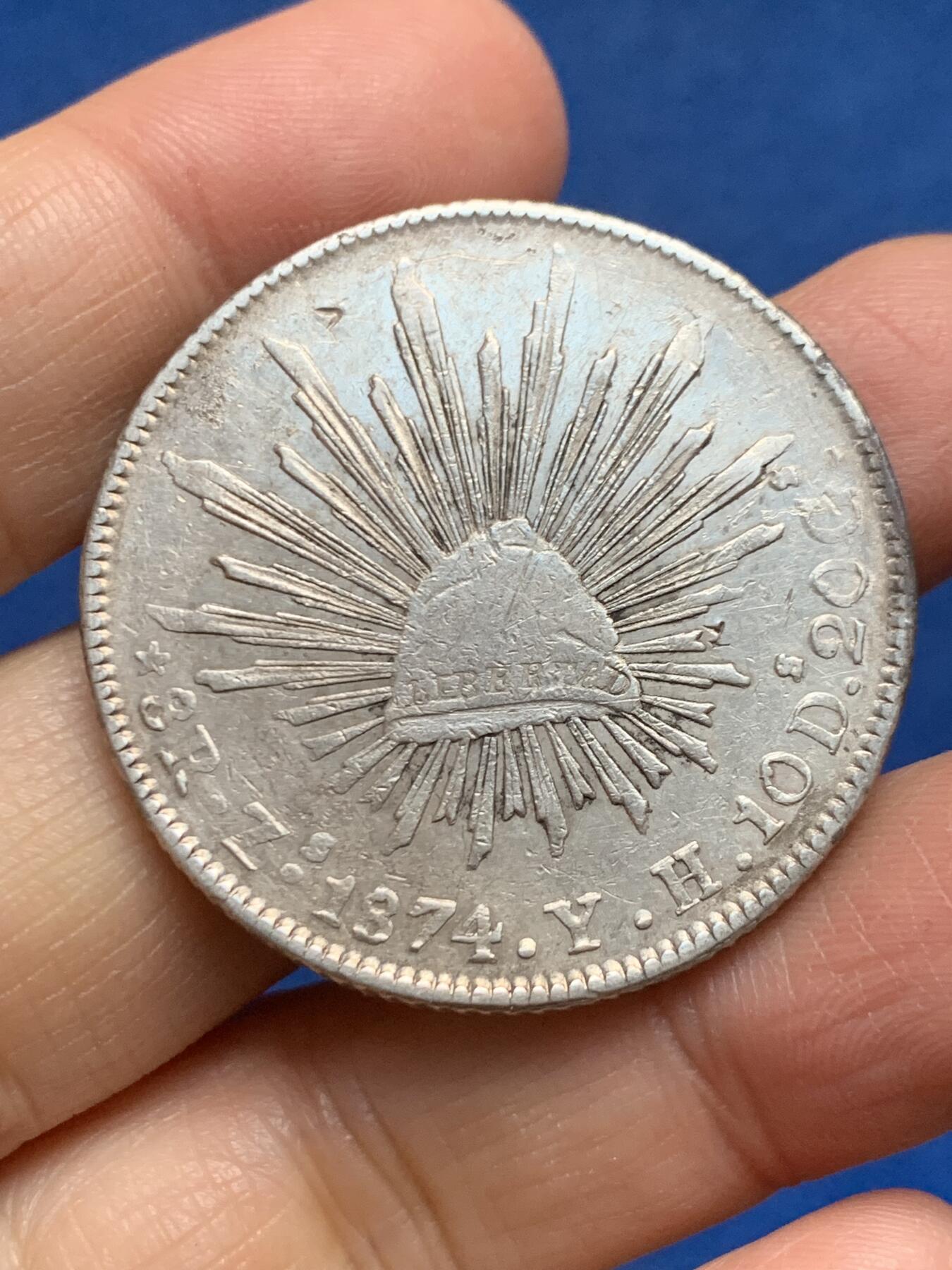 《竞宝斋》第455场 周日，周一 2场连拍 （全场包邮，欢迎送拍） 墨西哥1874年ZS厂8里亚尔鹰洋，带戳，具体品相见图