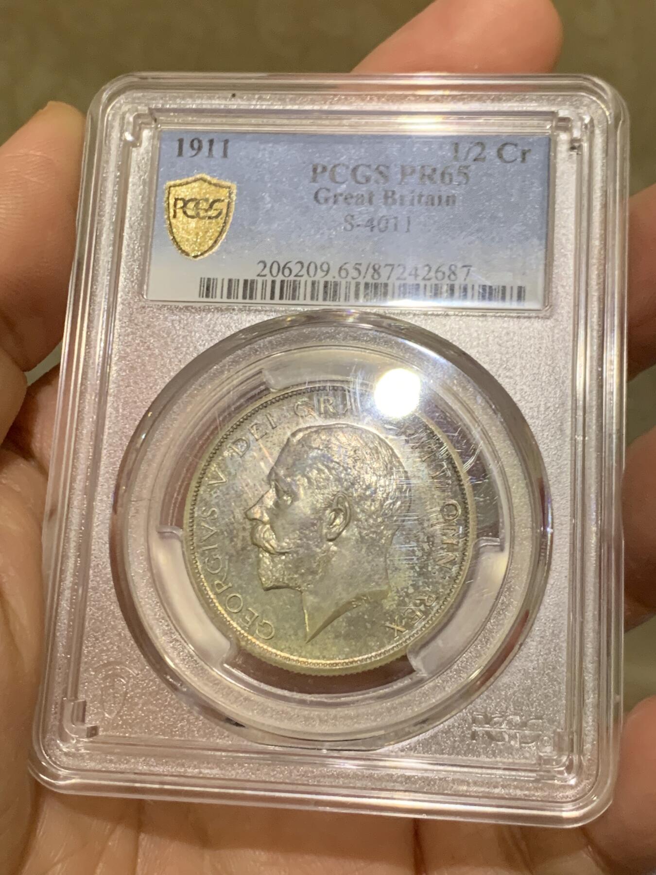 《竞宝斋》第455场 周日，周一 2场连拍 （全场包邮，欢迎送拍） PCGS PR65 英国 1911年 乔治五世 精制半克朗银币 登基首年