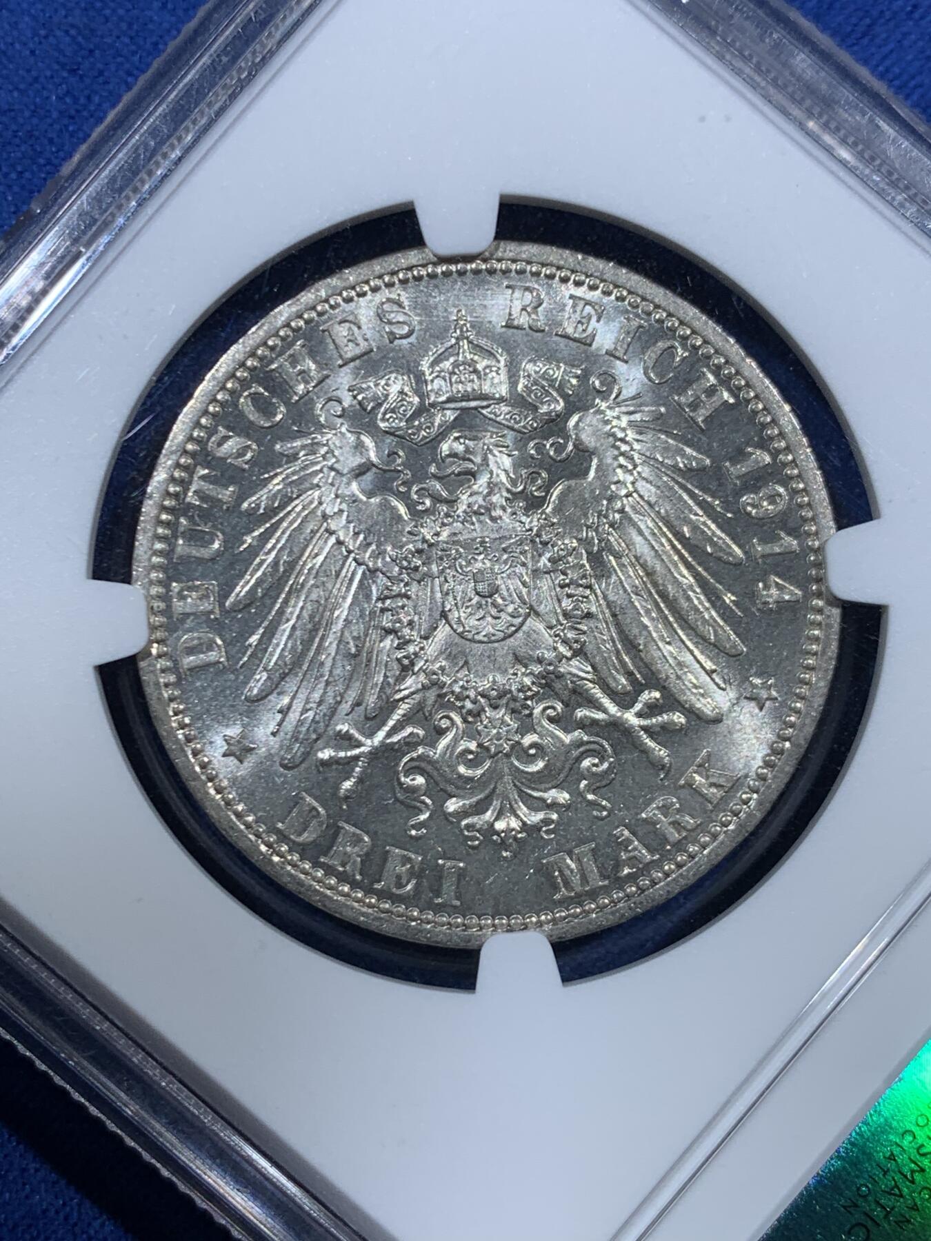 《竞宝斋》第455场 周日，周一 2场连拍 （全场包邮，欢迎送拍） NGC MS63 德国1914年普鲁士威廉二世3马克银币