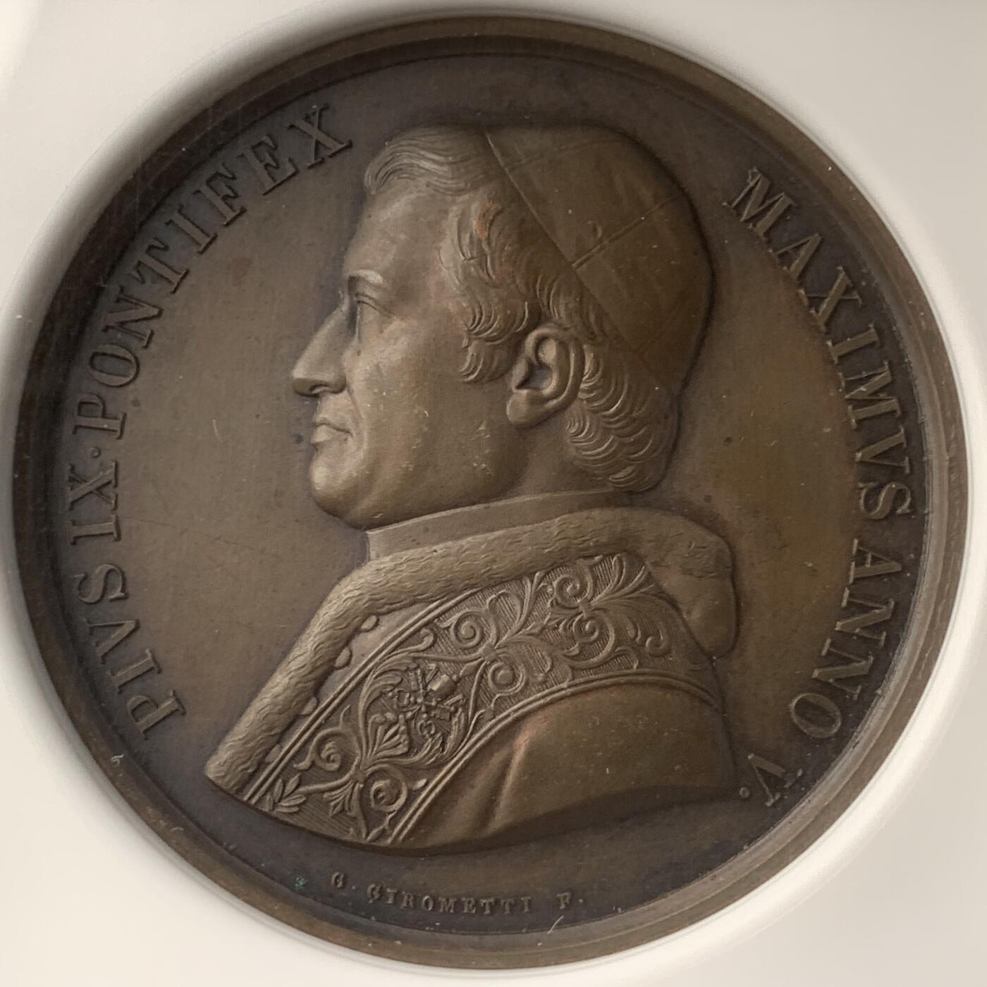 掌中浮雕-藏着的欧洲第048场 NGC AU58 : 梵蒂冈教皇庇护九世铜章，44mm