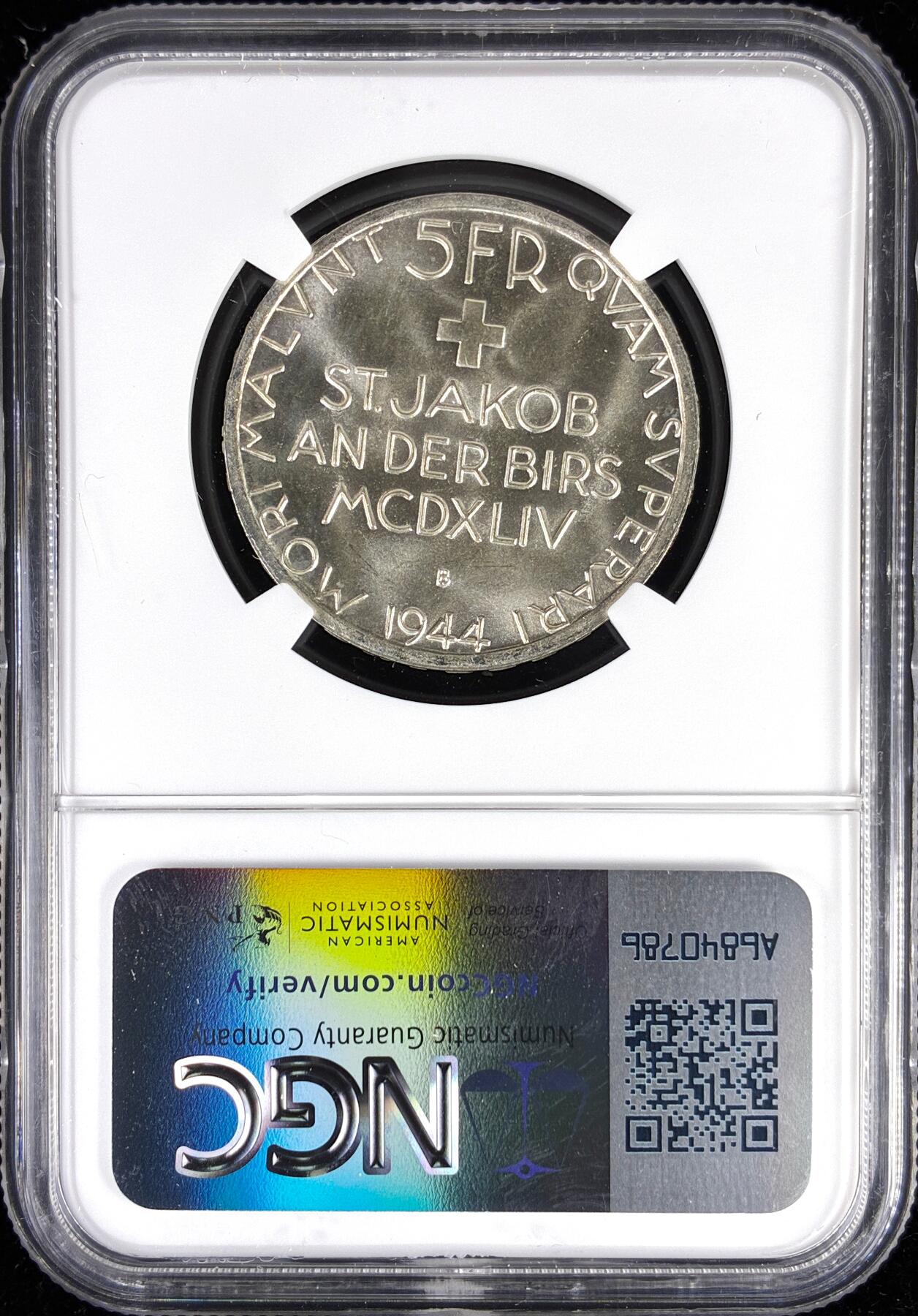 【雨安】【直播拍卖】【第0123期-评级币章】2026-01-10 周六 19:30 [评级欧洲] Switzerland 瑞士 5法郎 1944年 圣雅各布比尔斯战役 KM# 45  NGC-MS65