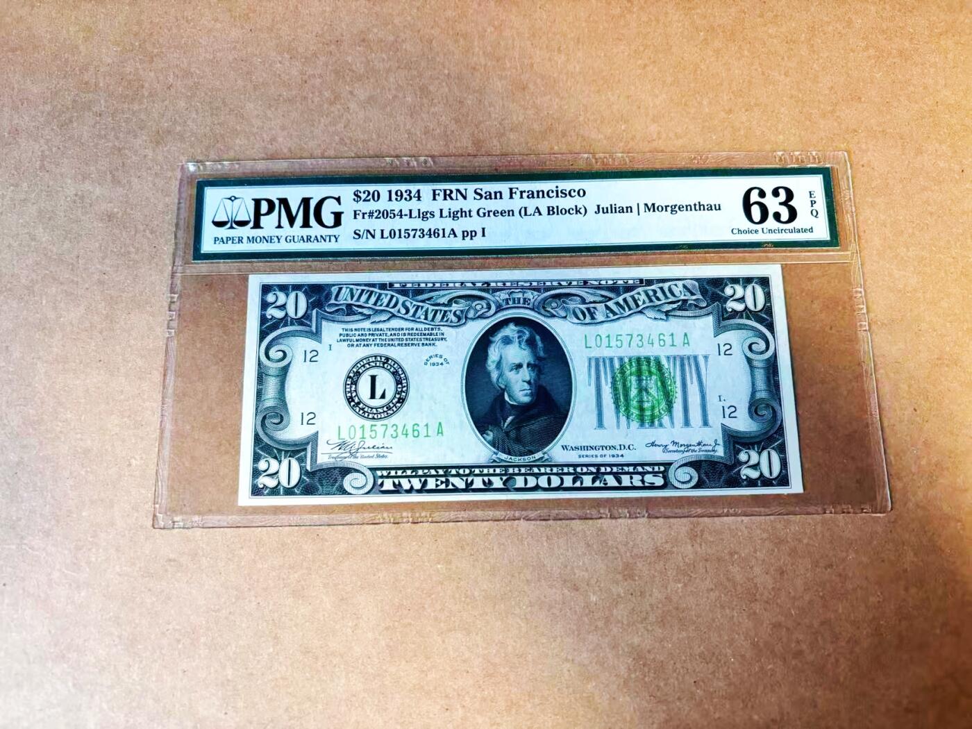 【Blue Auction】世界纸币精拍第772期——18级TOP拍卖/信誉/品质/专业/高效💫 【浅绿版 少见旧金山版】美国 1934年20美金 PMG63EPQ 老壳