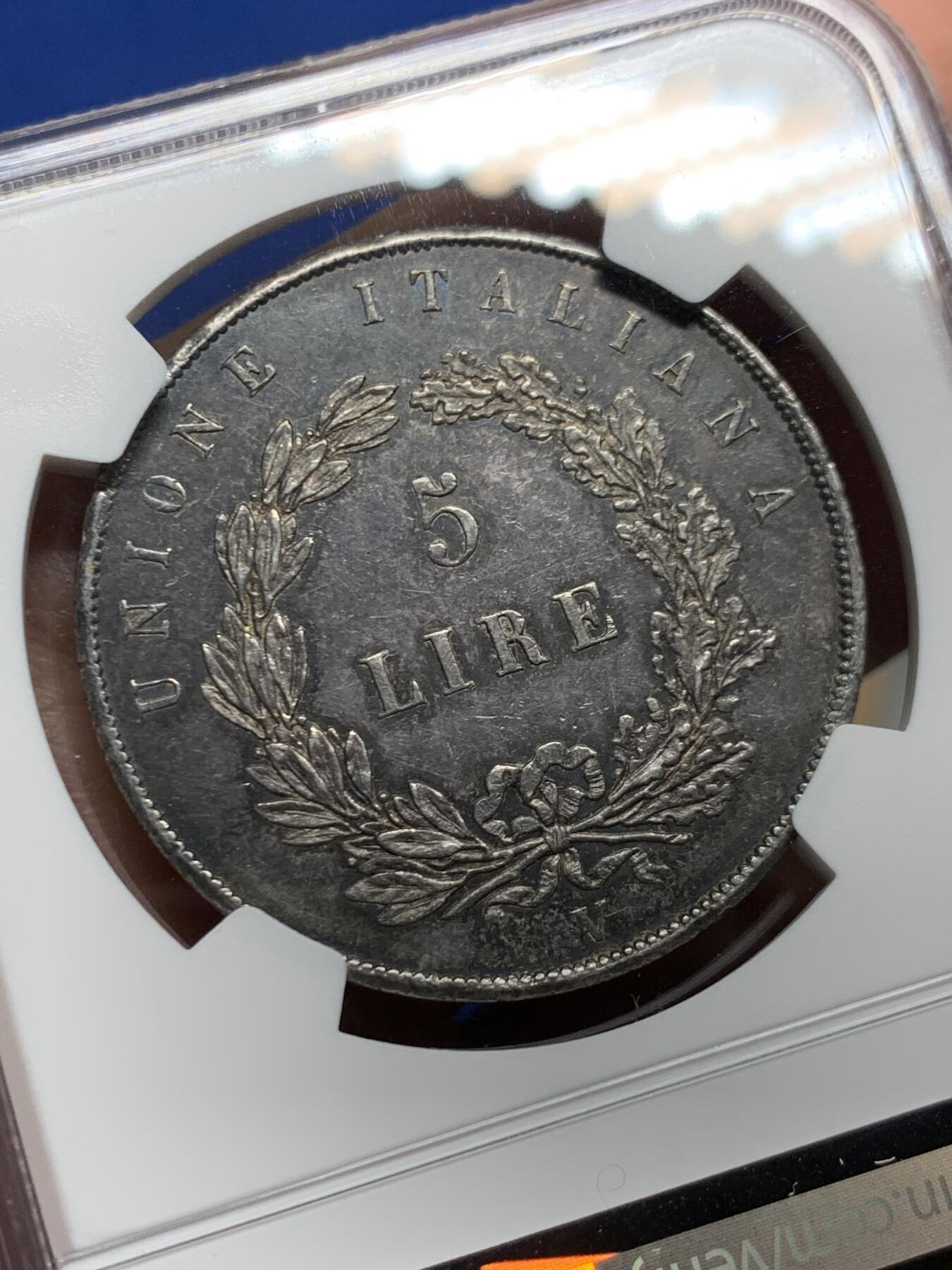 《竞宝斋》第455场 周日，周一 2场连拍 （全场包邮，欢迎送拍） NGC UNC 意大利 1848年 威尼斯革命临时政府飞狮5里拉 大银币 1.1W枚的发行量