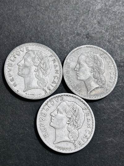 文馨钱币收藏 2026新年第二场（第 288 场）【长期接代拍品】 - 1947-49 年法兰西第四共和国 5 法郎大铝币 3 枚