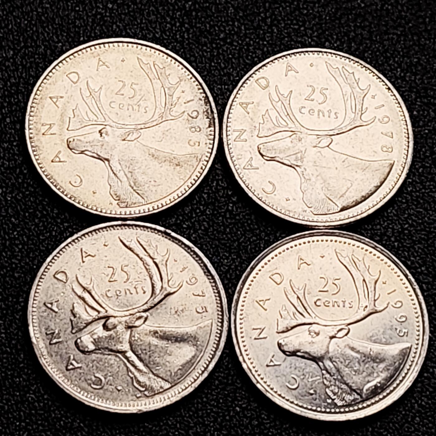 泉币菌-第163场-新年第六场 精品福利场 高币值 一加元 一组4枚 加拿大驯鹿1/4元 英国伊丽莎白二世女王像 23.9mm