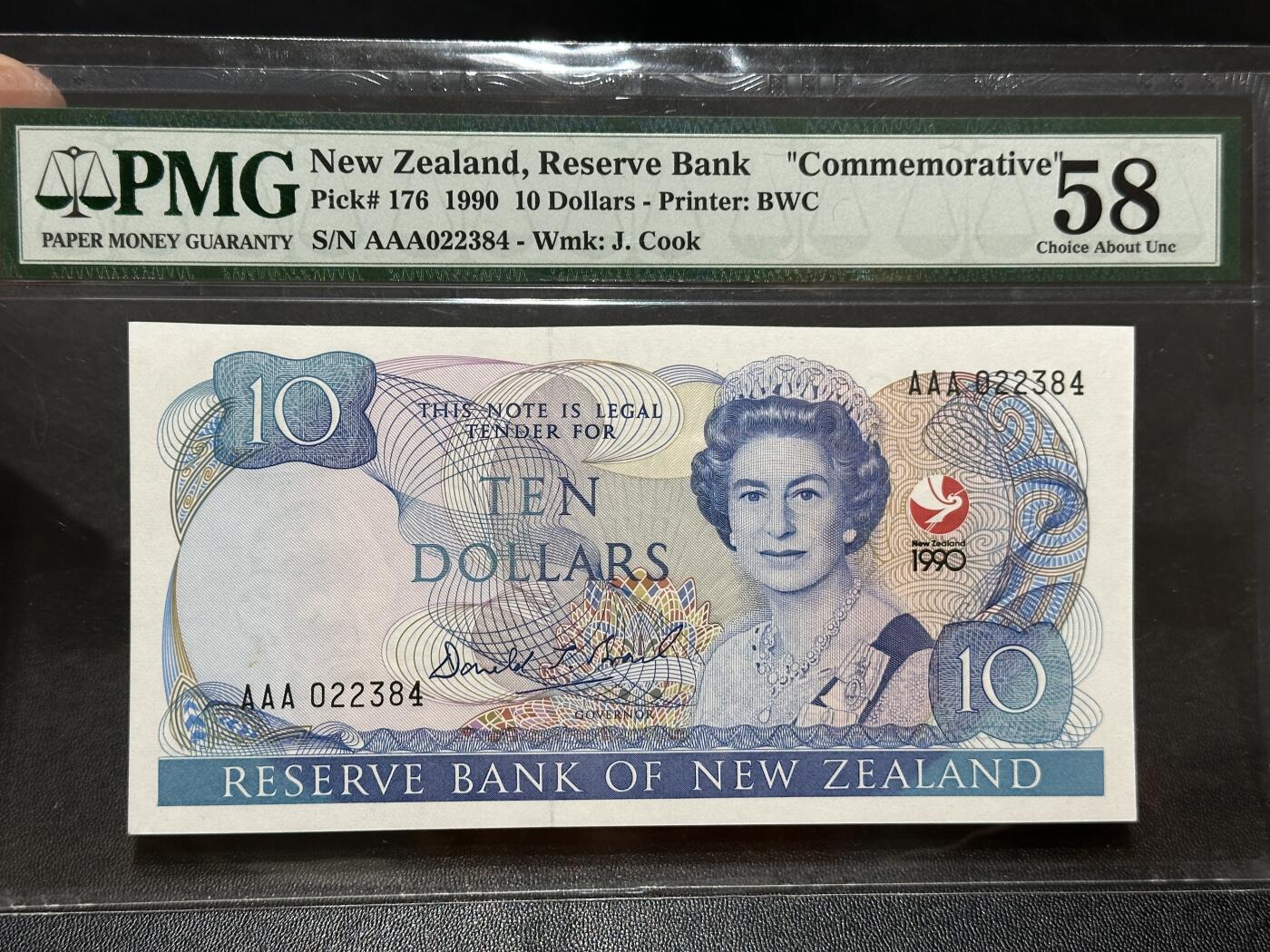 🎉🎉🎉《外钞收藏家》第六百期（年度庆典场）（本平台长期征集拍品、欢迎藏友们联系合作）❤️❤️❤️ 1990年新西兰10元 纪念钞 PMG58 AAA冠