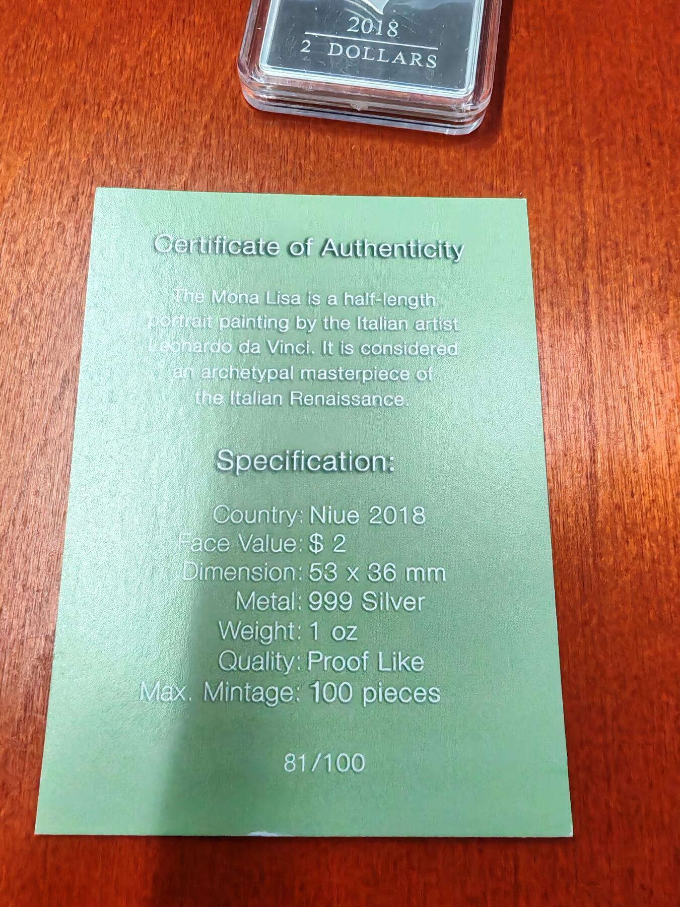 长老汇蛇年精选第九十二场拍卖 2018纽埃蒙娜丽莎的微笑2元彩色类精制银币，盒证全，100枚，彩色起皱，原价1800元