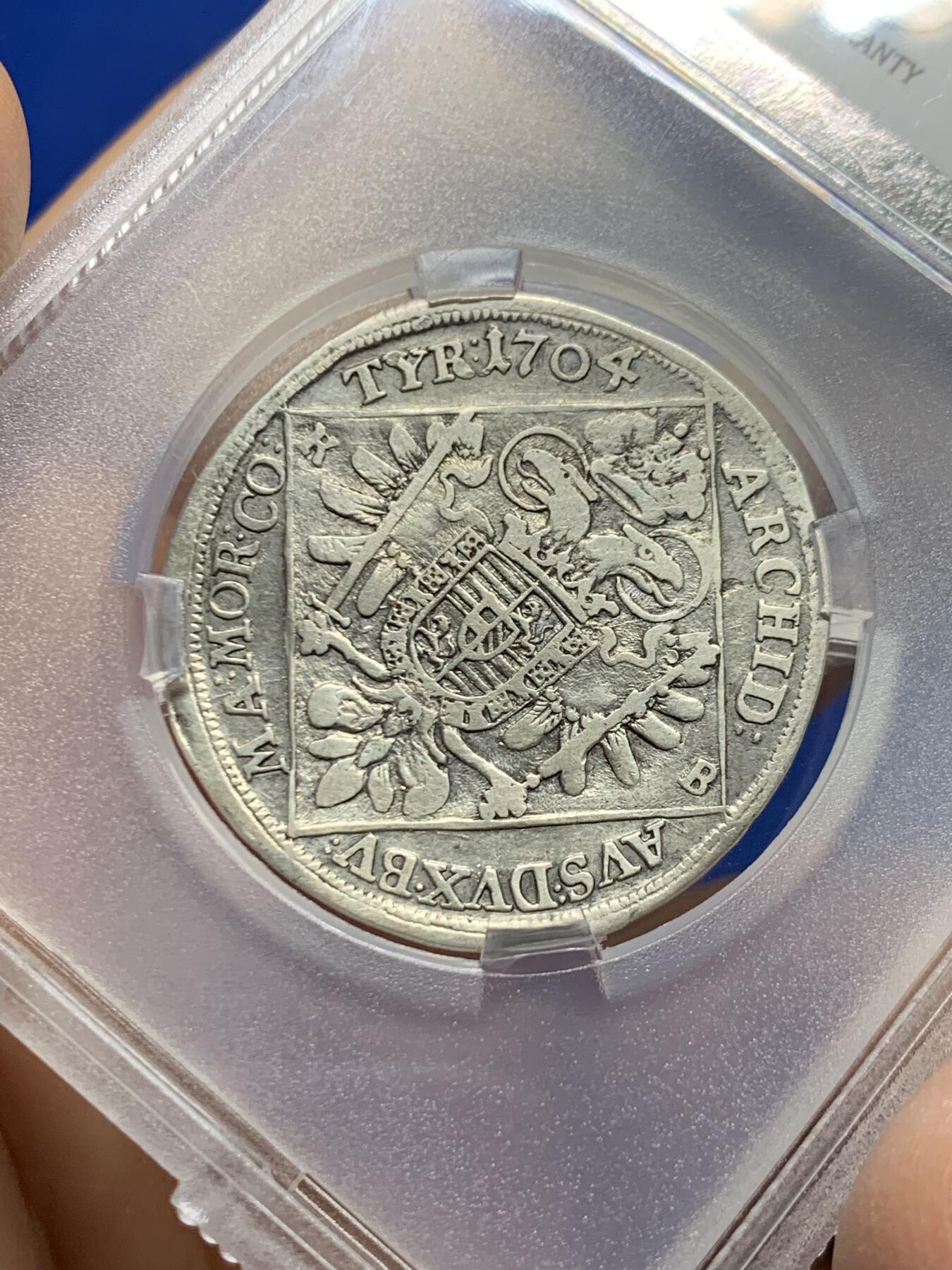 《竞宝斋》第455场 周日，周一 2场连拍 （全场包邮，欢迎送拍） TQG VF30 神圣罗马帝国 1704年 1/4泰勒 银币 利奥波德一世在位时期发行 匈牙利造币厂打制 细节不错 稀少品种