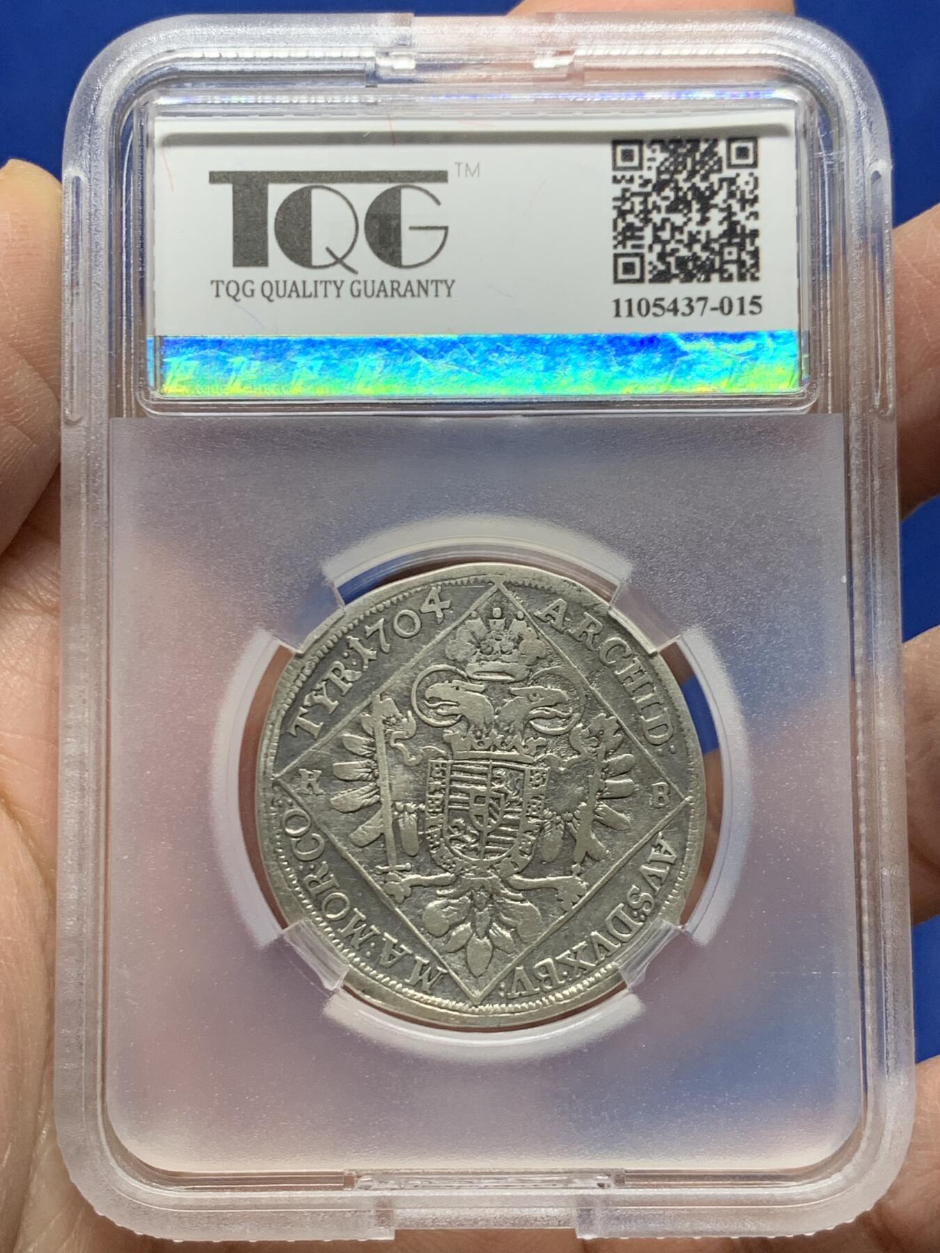 《竞宝斋》第455场 周日，周一 2场连拍 （全场包邮，欢迎送拍） TQG VF30 神圣罗马帝国 1704年 1/4泰勒 银币 利奥波德一世在位时期发行 匈牙利造币厂打制 细节不错 稀少品种