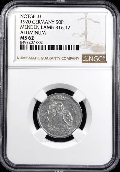 【雨安】【直播拍卖】【第0123期-评级币章】2026-01-10 周六 19:30 - [评级德国] Germany 德国 德紧 门登 50芬尼 1920年  NGC-MS62