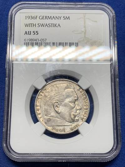 《竞宝斋》第454场 周日，周一 2场连拍 （全场包邮，欢迎送拍） - NGC AU55 德国1936F兴登堡5马克银币，带字，背面紫金色老包浆漂亮。