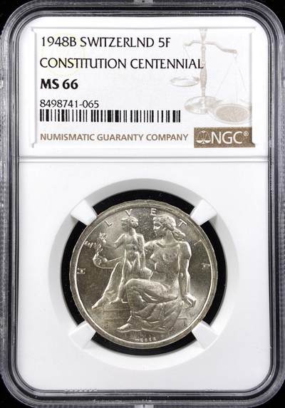【雨安】【直播拍卖】【第0123期-评级币章】2026-01-10 周六 19:30 - [评级欧洲] Switzerland 瑞士 5法郎 1948年 瑞士宪法百年 KM#48  NGC-MS66