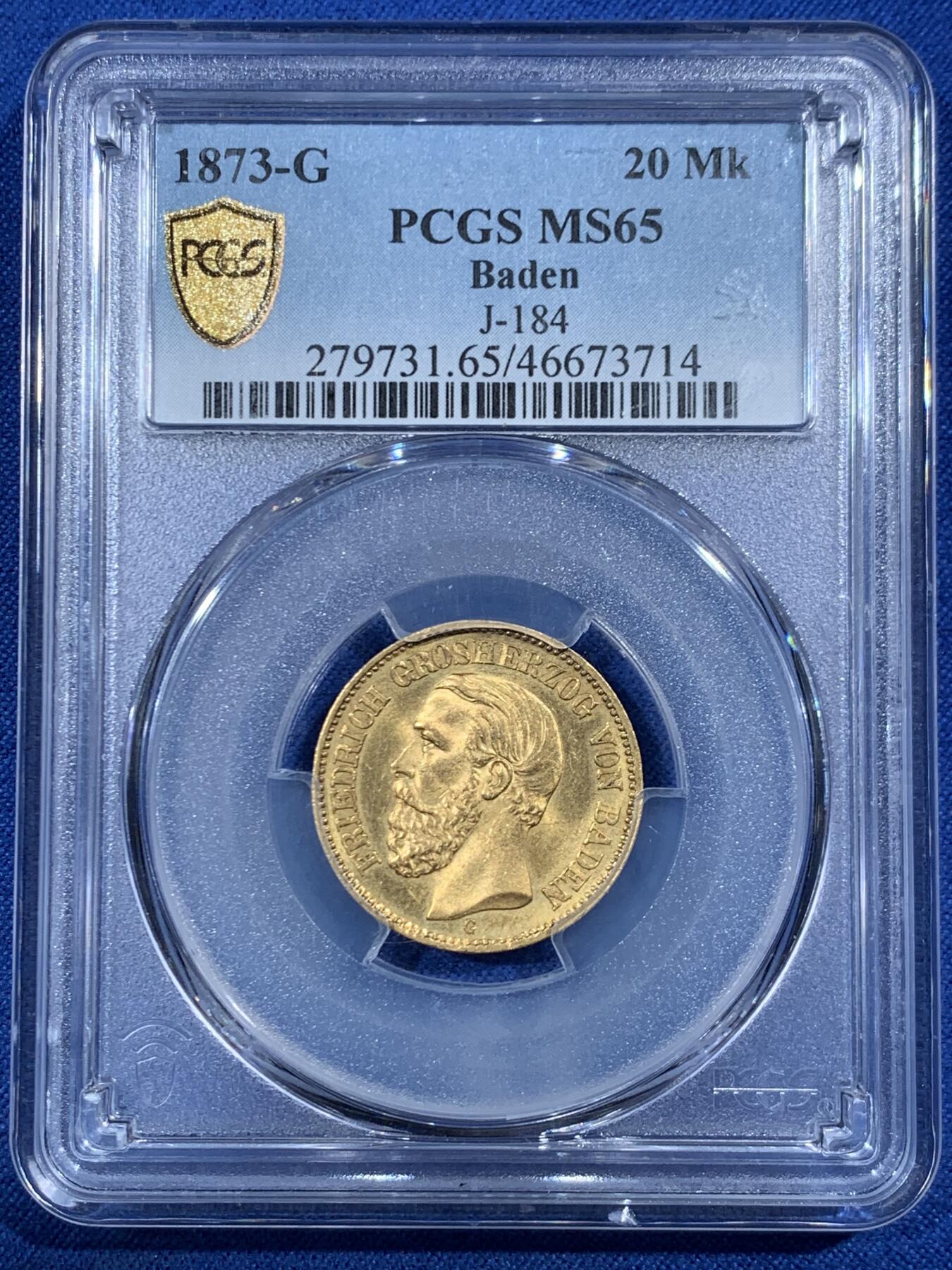 《竞宝斋》第455场 周日，周一 2场连拍 （全场包邮，欢迎送拍） PCGS MS65 德国巴登大公国 1873年20帝国金马克金币 热门的德二短翅鹰 高分极好 1872昆克裸币成交价2.2万