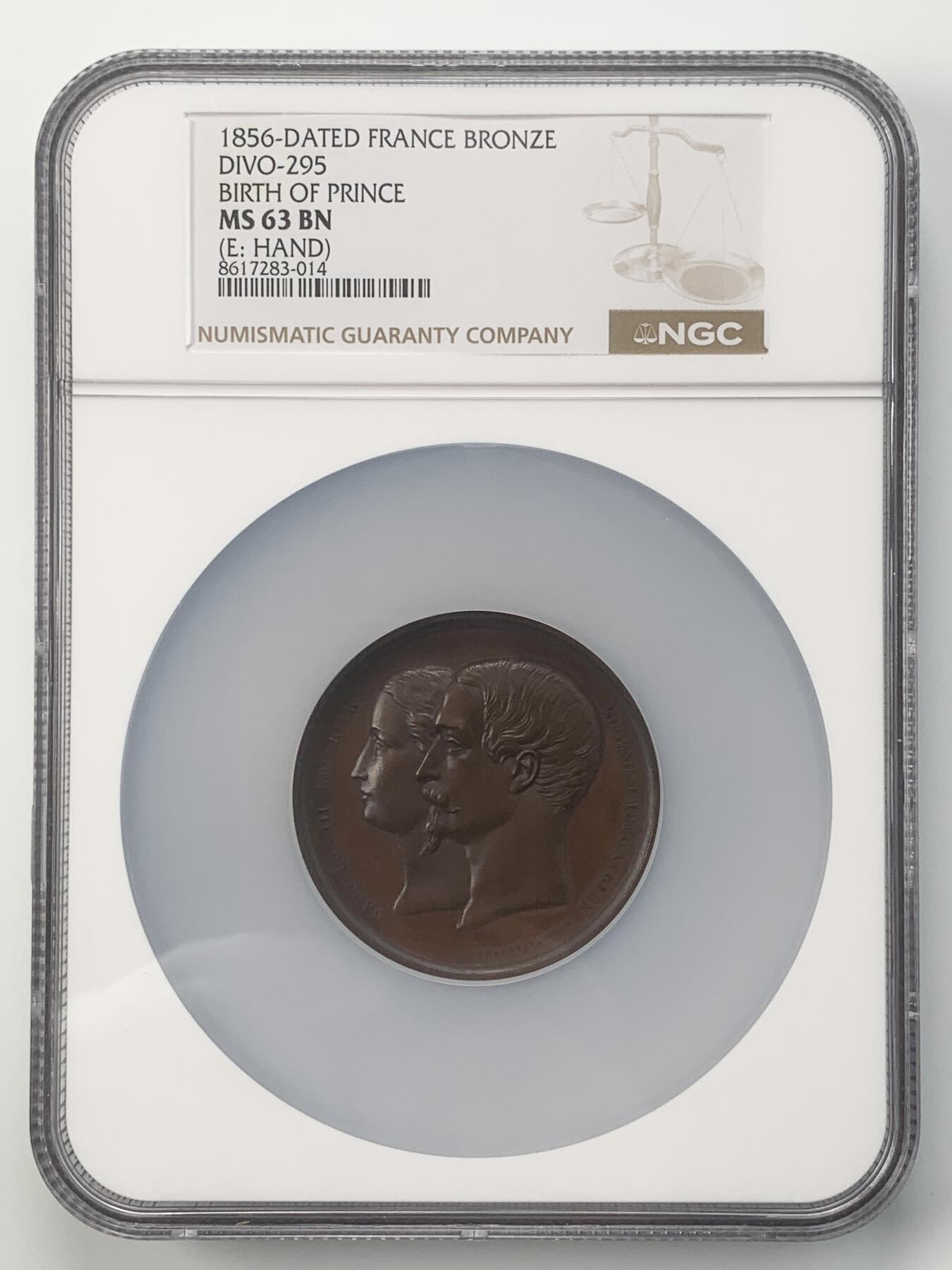掌中浮雕-藏着的欧洲第048场 NGC MS63 : 1856年法兰西第二帝国王子诞生铜章，53mm，MONTAGNY雕刻