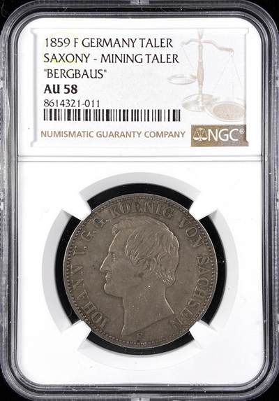 【雨安】【直播拍卖】【第0123期-评级币章】2026-01-10 周六 19:30 - [评级德国] Germany 德国 德意志 1泰勒 Saxony萨克森 Thun.342 (1858-1861) 矿业 1859年  NGC-AU58 底板丝滑, 严评, 有MS的感觉
