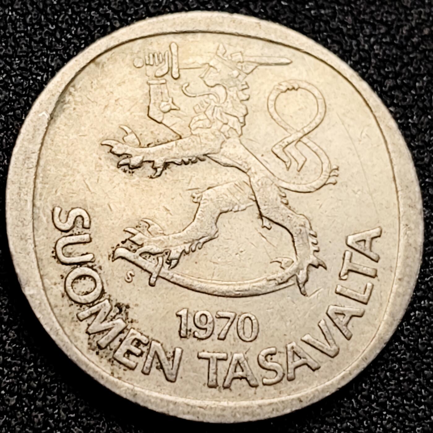 泉币菌-第164场-新年第七场 精品福利场 1970年 芬兰 1马克 镍铜硬币 立狮 纪念币铜钱 