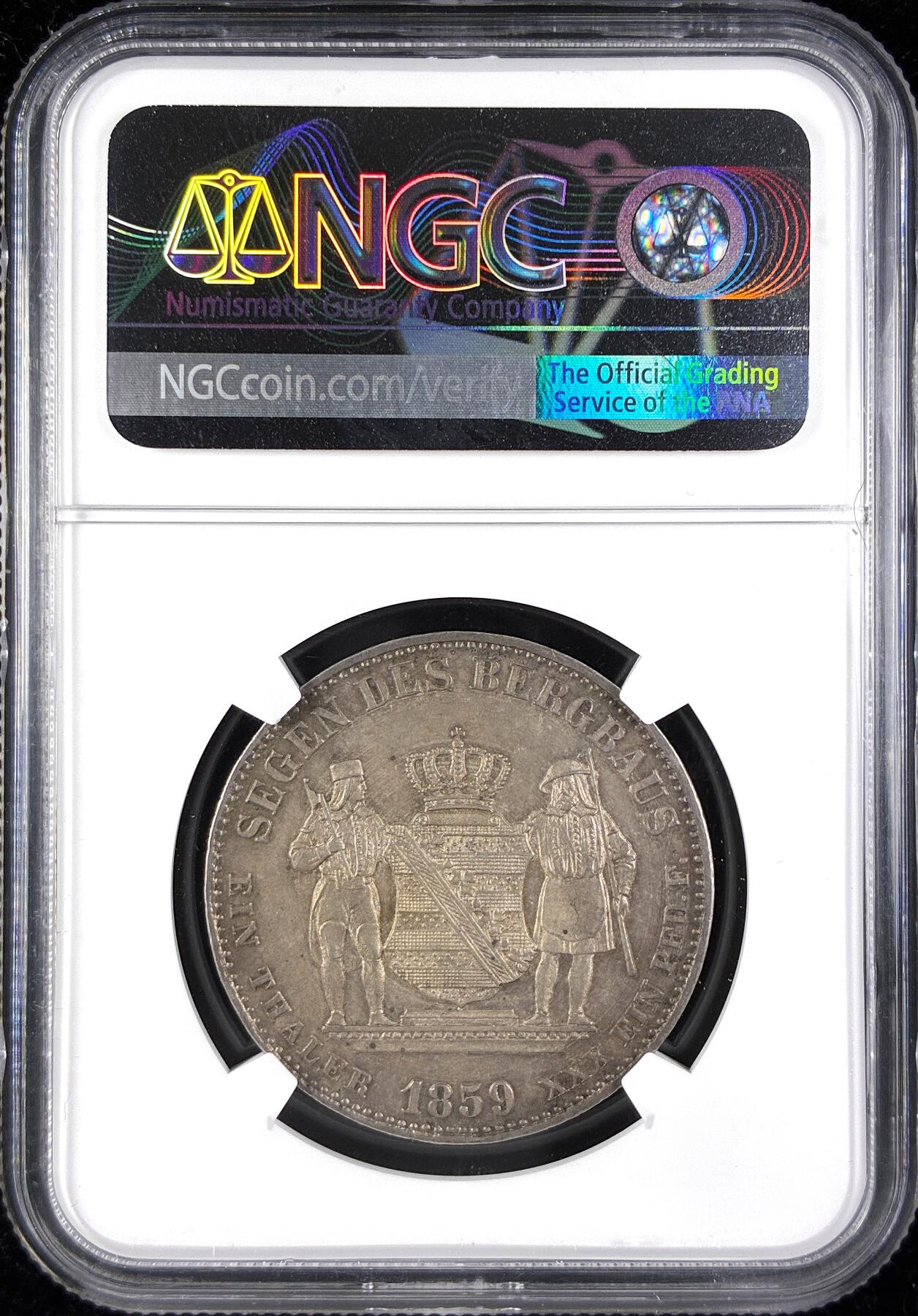 【雨安】【直播拍卖】【第0123期-评级币章】2026-01-10 周六 19:30 [评级德国] Germany 德国 德意志 1泰勒 Saxony萨克森 Thun.342 (1858-1861) 矿业 1859年  NGC-AU58 底板丝滑, 严评, 有MS的感觉