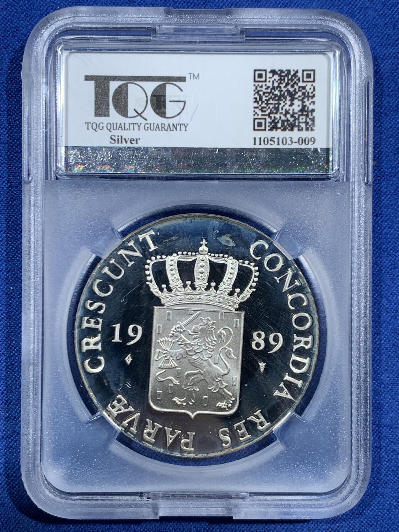 《竞宝斋》第455场 周日，周一 2场连拍 （全场包邮，欢迎送拍） TQG PF65UC 荷兰 1989年 乌特勒支 1杜卡特精制银币 873银 28.25克 发行量35797枚