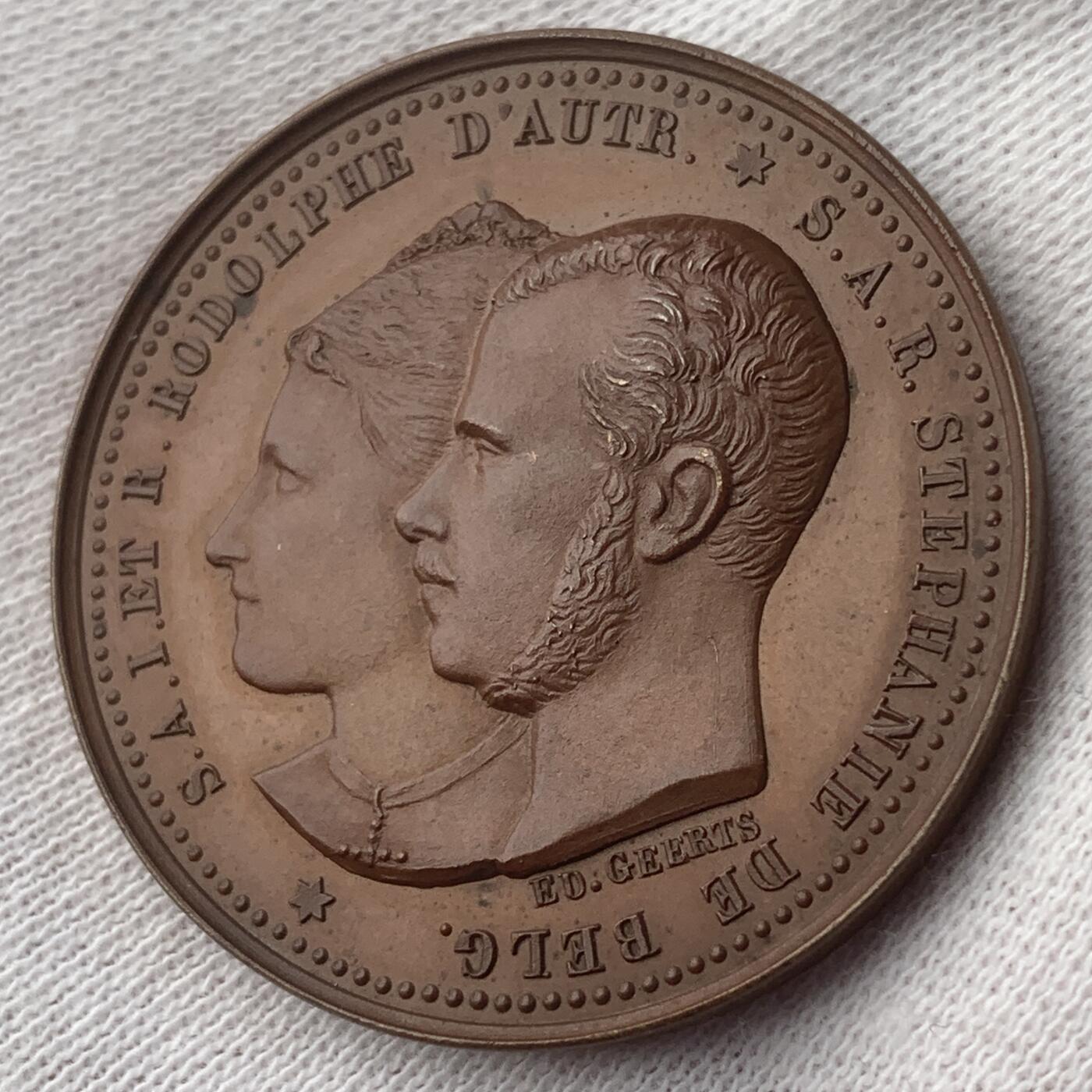 掌中浮雕-藏着的欧洲第048场 1881年奥匈帝国王子鲁道夫与比利时公主斯特凡娜结婚铜章 , Geerts雕刻，32mm，比较少见！