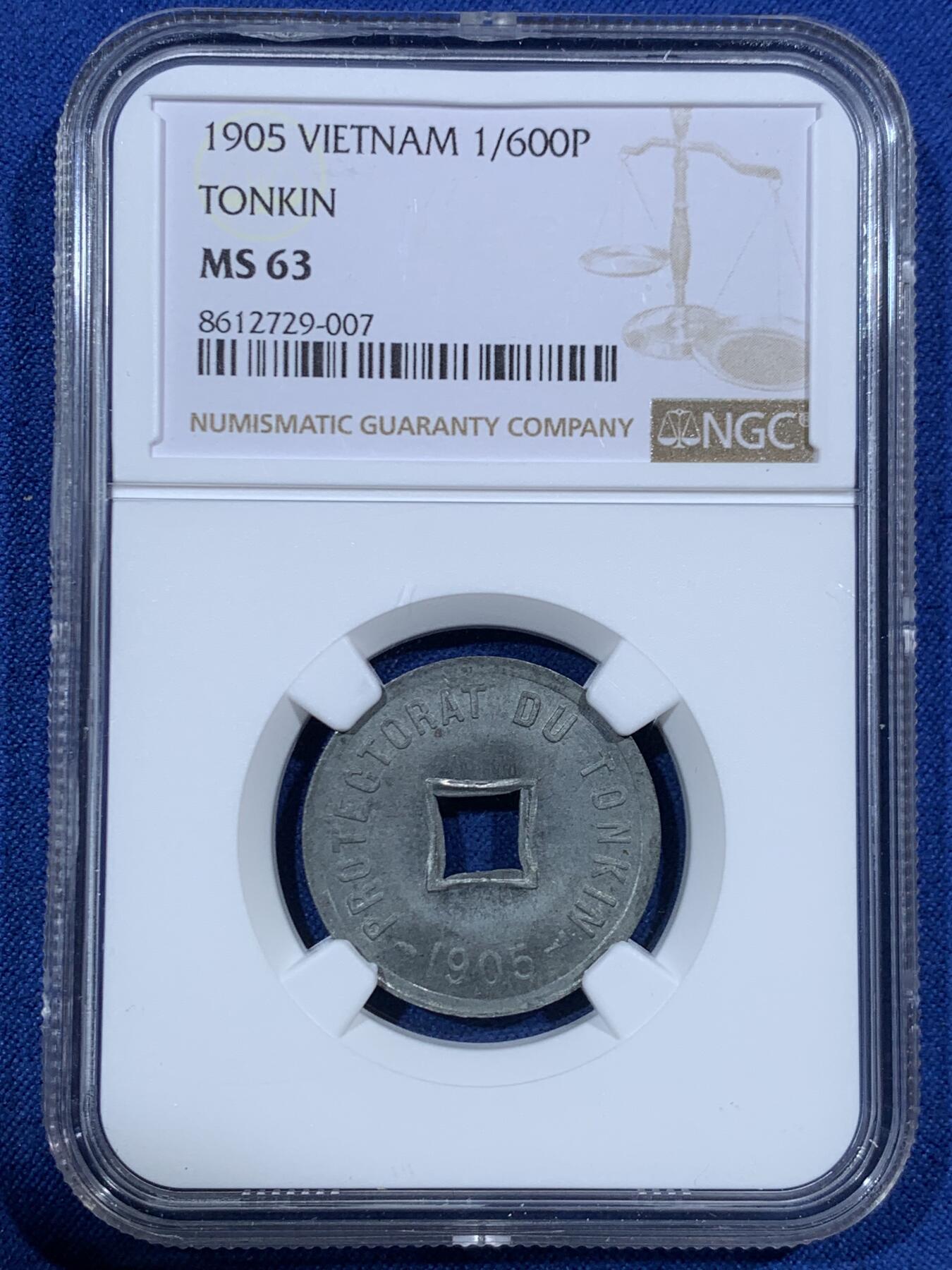 《竞宝斋》第455场 周日，周一 2场连拍 （全场包邮，欢迎送拍） NGC MS63 法属安南1905年六百分之一锌币 世界上面值最小的硬币，该品种常见为氧化品，MS少见