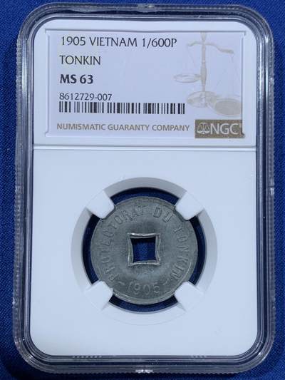 《竞宝斋》第454场 周日，周一 2场连拍 （全场包邮，欢迎送拍） - NGC MS63 法属安南1905年六百分之一锌币 世界上面值最小的硬币，该品种常见为氧化品，MS少见