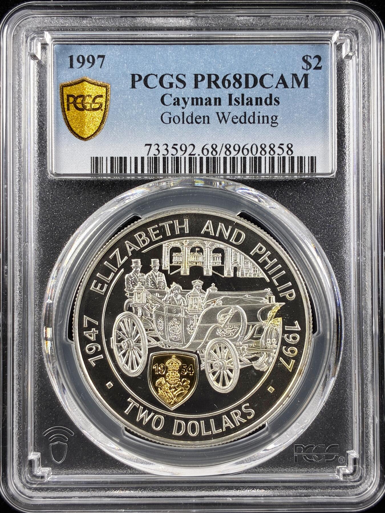 【雨安】【直播拍卖】【第0123期-评级币章】2026-01-10 周六 19:30 [评级现代] Cayman Islands 开曼群岛 2元 1997年 金婚 PCGS-PR68DCAM 精制币