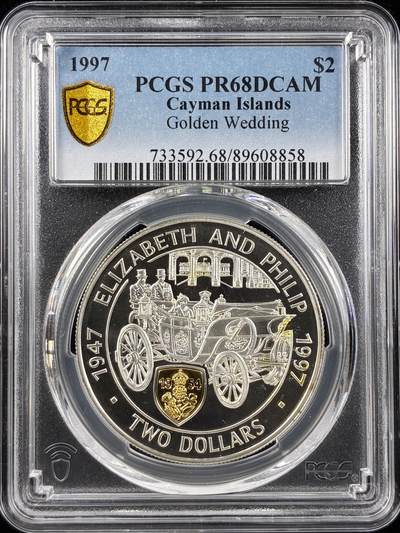【雨安】【直播拍卖】【第0123期-评级币章】2026-01-10 周六 19:30 - [评级现代] Cayman Islands 开曼群岛 2元 1997年 金婚 PCGS-PR68DCAM 精制币