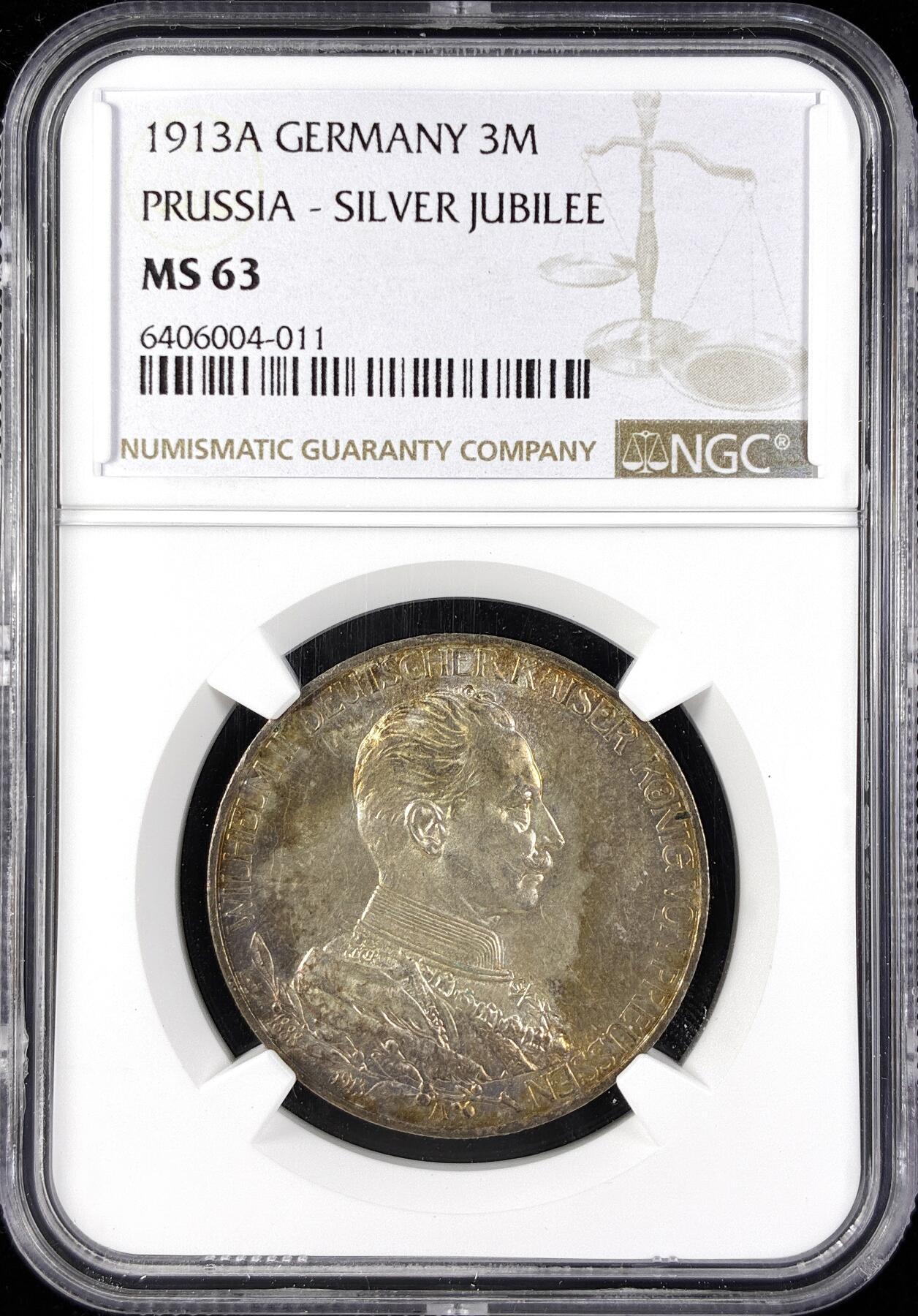 【雨安】【直播拍卖】【第0123期-评级币章】2026-01-10 周六 19:30 [评级德国] Germany 德国 帝国 J.112 普鲁士 3马克 (1913) 军装花枝 1913年  NGC-MS63