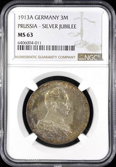 【雨安】【直播拍卖】【第0123期-评级币章】2026-01-10 周六 19:30 - [评级德国] Germany 德国 帝国 J.112 普鲁士 3马克 (1913) 军装花枝 1913年  NGC-MS63