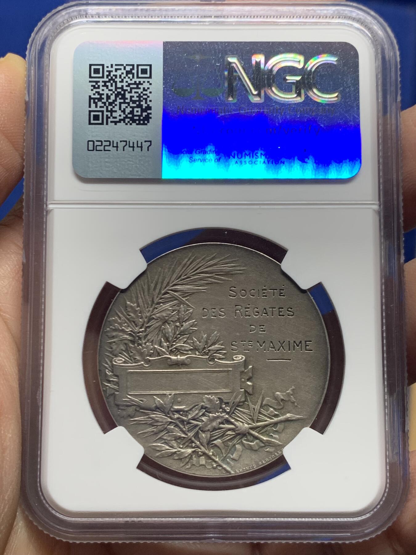 《竞宝斋》第455场 周日，周一 2场连拍 （全场包邮，欢迎送拍） NGC MS60 法国圣马克西姆帆船协会银章 36mm 野猪头银标