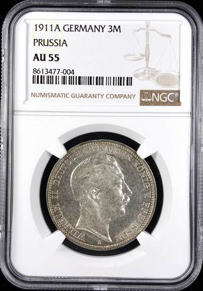 【雨安】【直播拍卖】【第0123期-评级币章】2026-01-10 周六 19:30 - [评级德国] Germany 德国 帝国 普鲁士 3马克 (1908-1912) 威廉二世 1911年  NGC-AU55