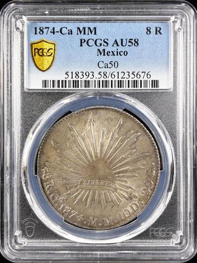 【雨安】【直播拍卖】【第0123期-评级币章】2026-01-10 周六 19:30 - [评级美洲] Mexico 墨西哥 鹰洋 花边 8里亚尔 1874年  PCGS-AU58