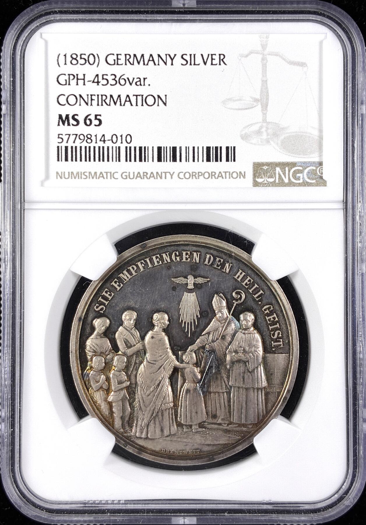 【雨安】【直播拍卖】【第0123期-评级币章】2026-01-10 周六 19:30 [评级章] Germany [章] 德国 1850年 基督教圣事-坚振圣事 银章  NGC-MS65