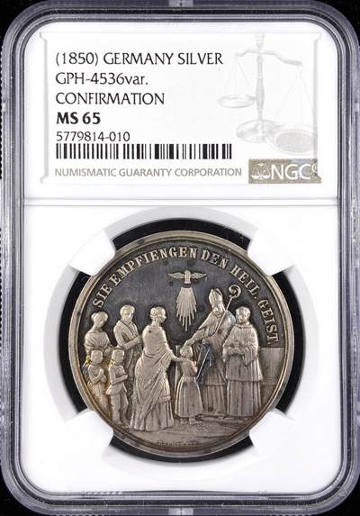 【雨安】【直播拍卖】【第0123期-评级币章】2026-01-10 周六 19:30 - [评级章] Germany [章] 德国 1850年 基督教圣事-坚振圣事 银章  NGC-MS65