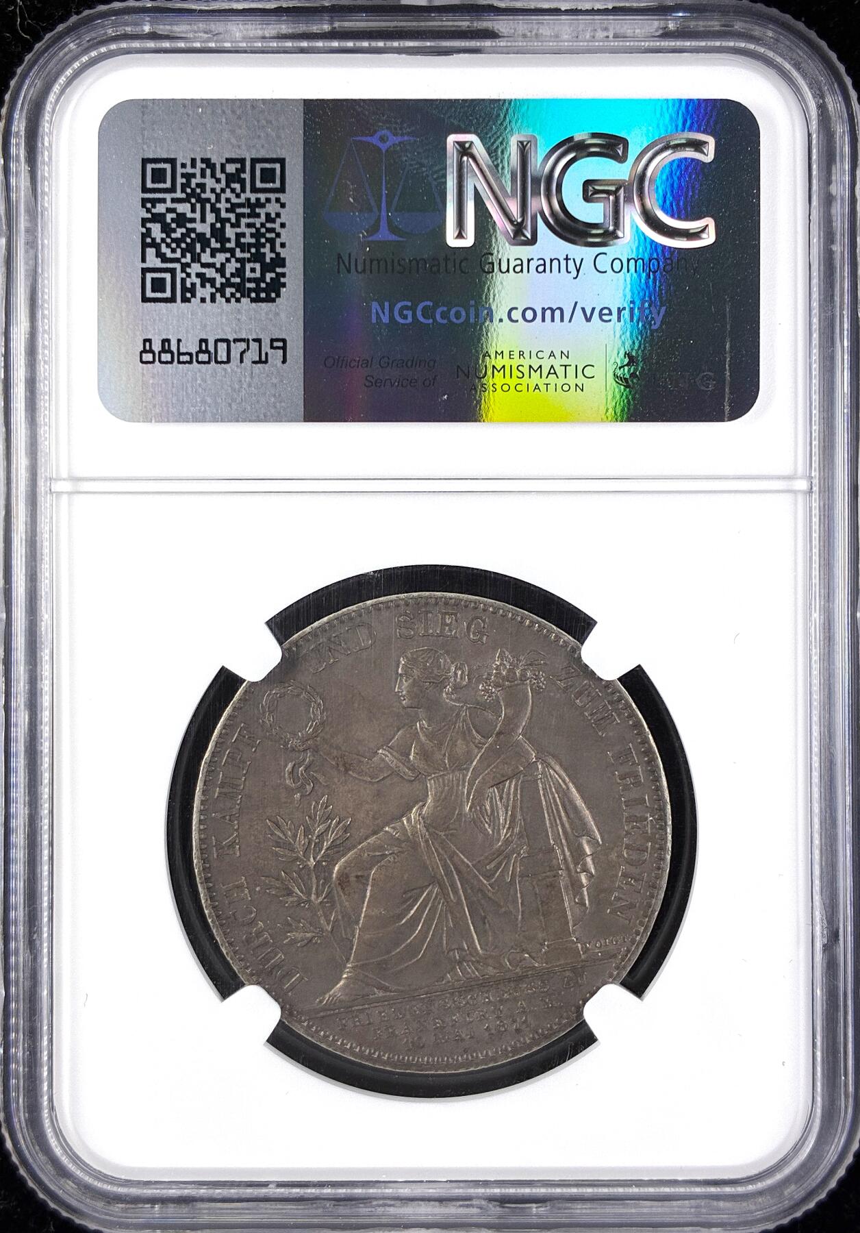 【雨安】【直播拍卖】【第0123期-评级币章】2026-01-10 周六 19:30 [评级德国] Germany 德国 德意志 1泰勒 Bavaria巴伐利亚 Thun.107 KM#0889 (1871) 普法战争 1871年  NGC-AU55 原味欧洲老包浆 严评